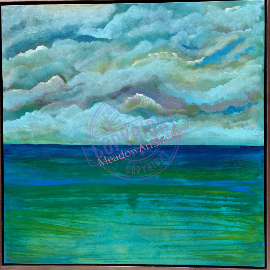 'Between the Storm and the Stillness.' Reclaimed canvas and frame, 38 x 38." Silent Auction Artwork at Library Show. All proceeds to a designated galiano Charity chosen by the successful bidder. Reserve bid $350.00. Successful bidder chosen on last day of show.