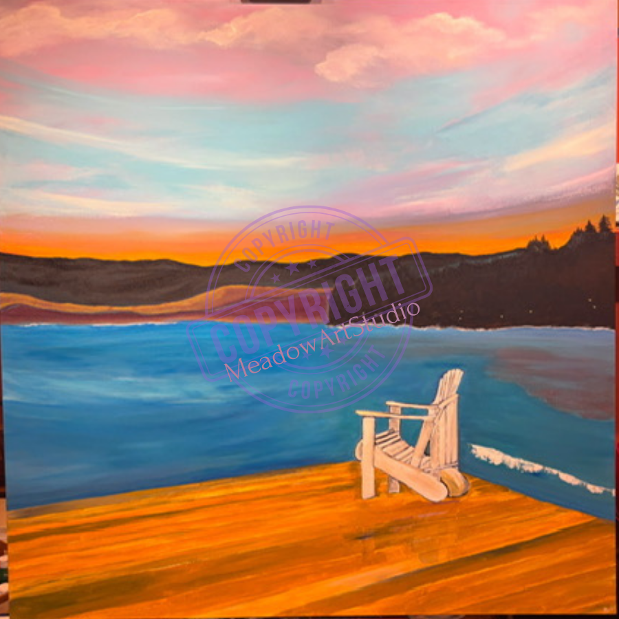 Sitting on the dock in the bay.  Acrylic on 4 foot x 4 foot gallery canvas.